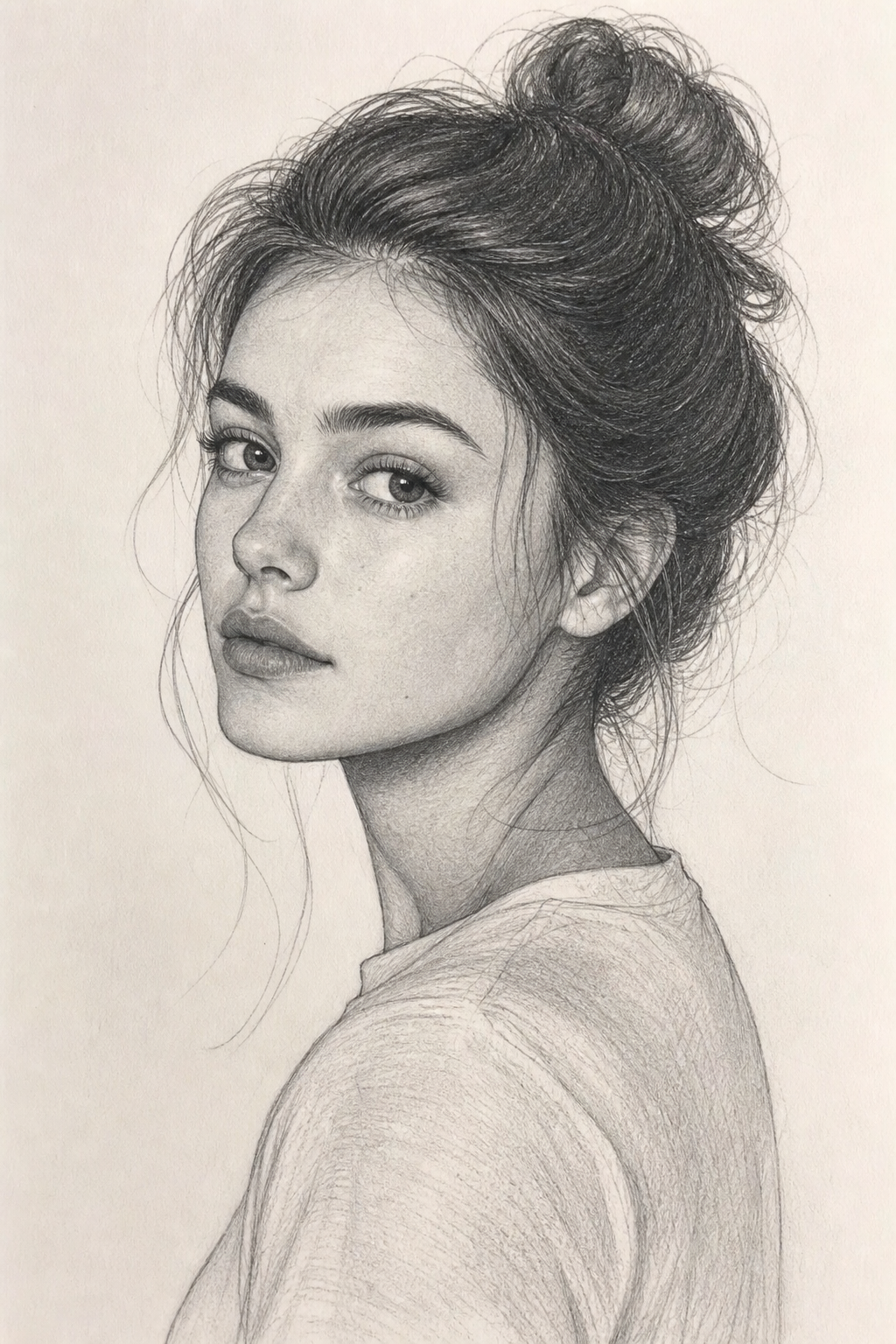 Realistic pencil drawing portrait on clean paper background in vertical Pinterest format