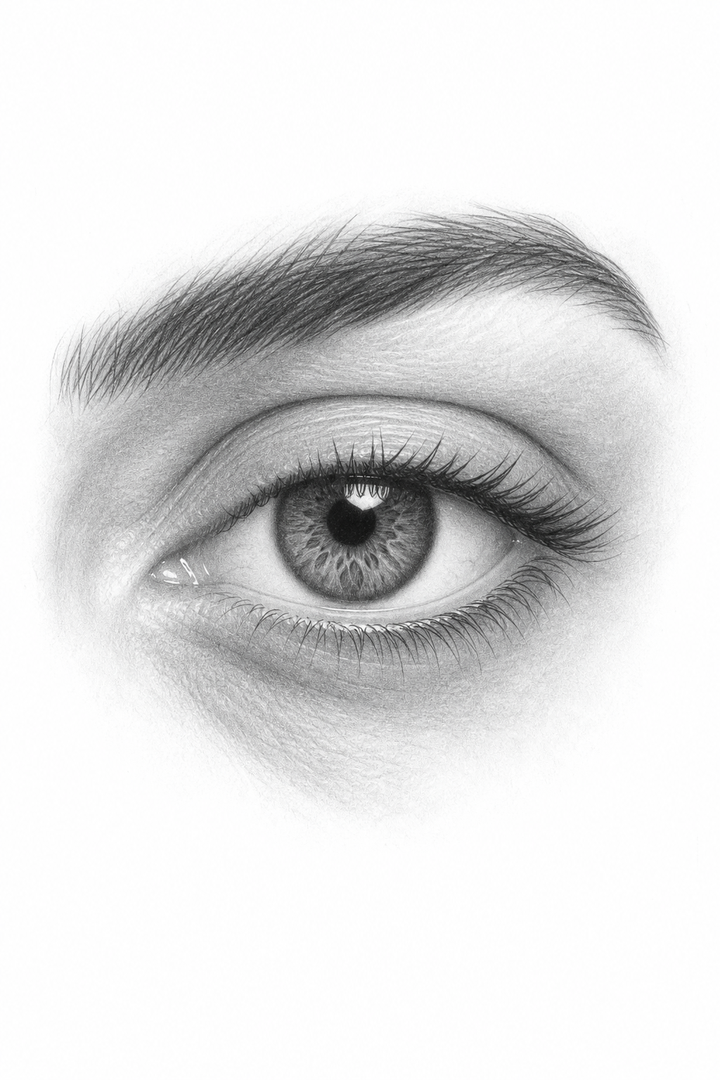 Realistic pencil drawing of a woman's eye with detailed shading and clean white background