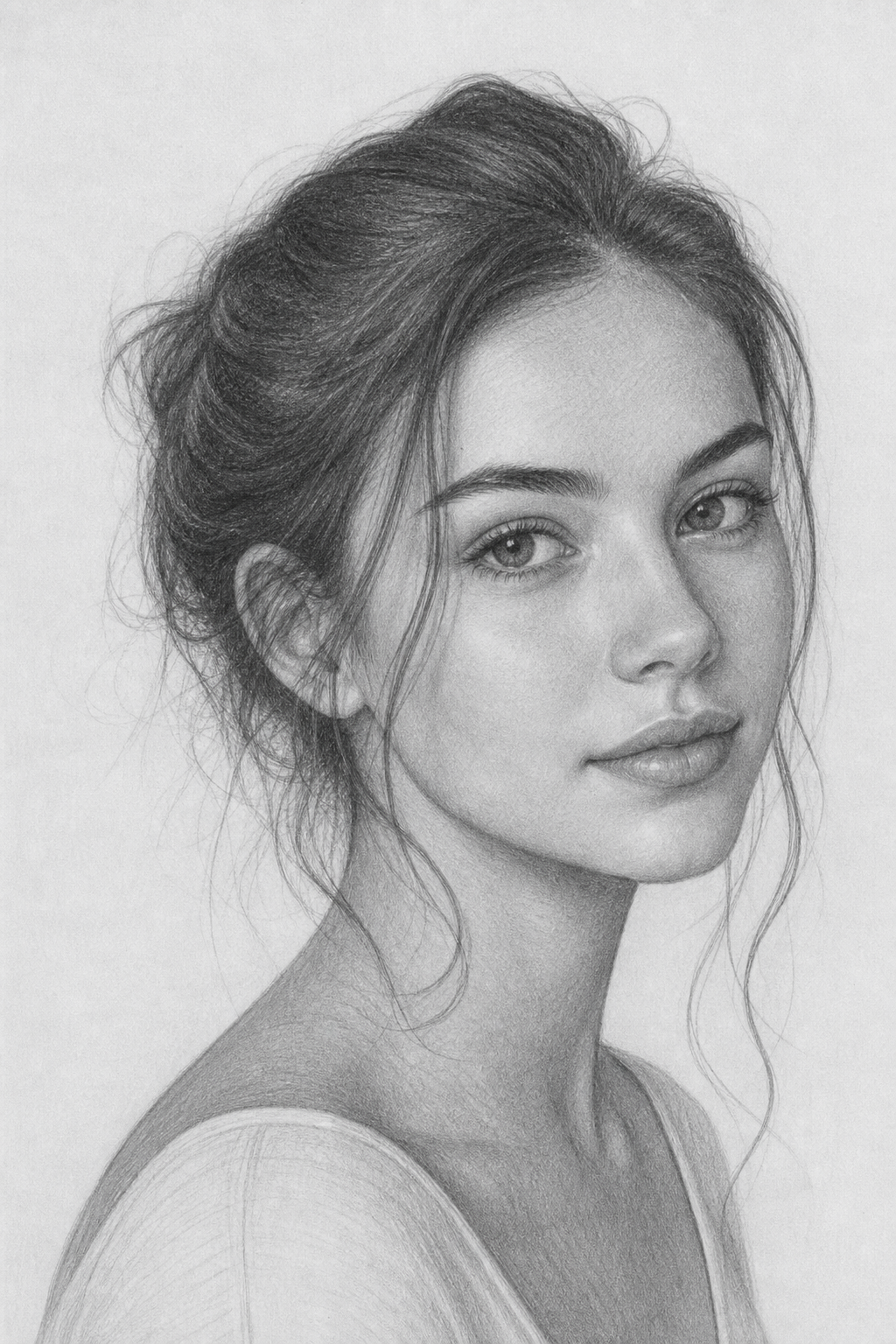 Realistic pencil drawing portrait with smooth facial shading in vertical format