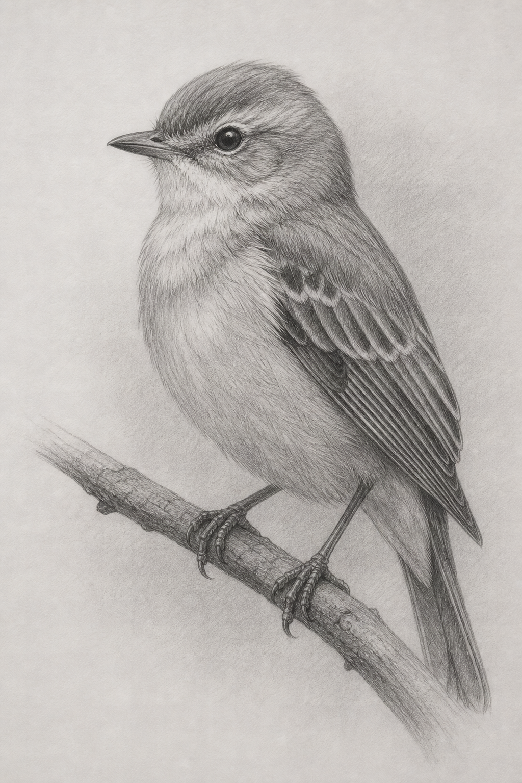 Realistic pencil drawing of a bird with fine feather detail and soft shadows