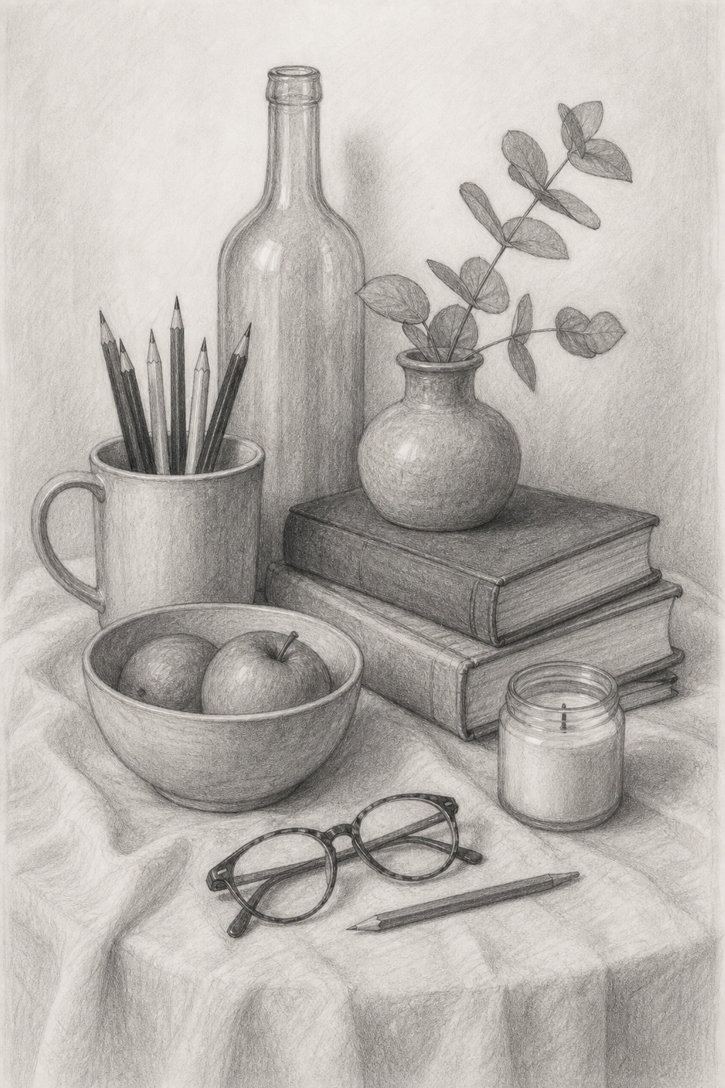 Pencil drawing of everyday objects arranged as a still life in a vertical Pinterest composition