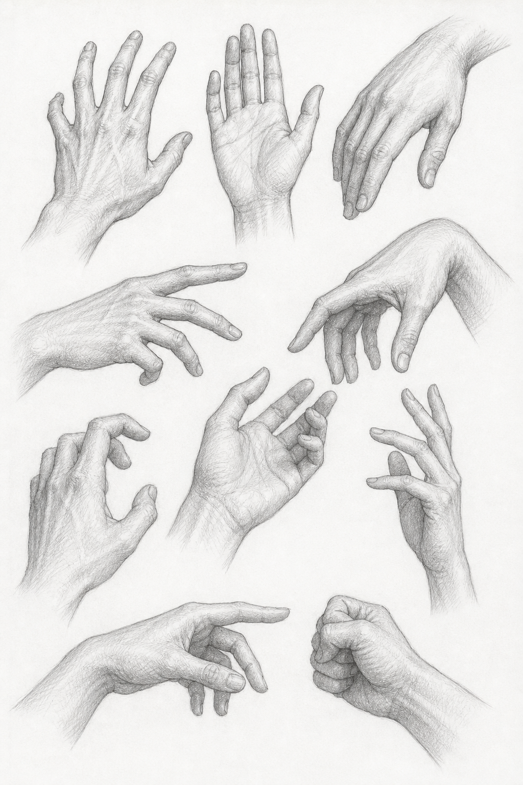 Realistic pencil drawing hands practice sheet with clean paper and high detail